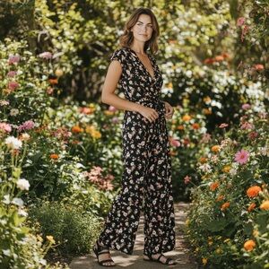 Kingston Grey Black Flower Garden Jumpsuit 
size Medium    NWT